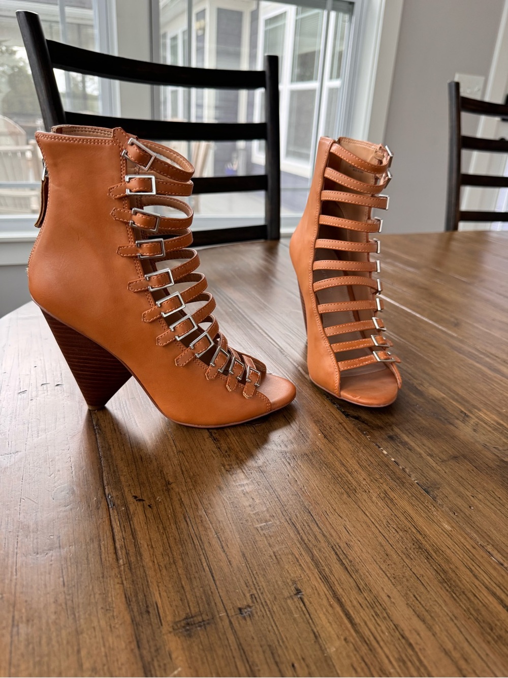BCBGeneration Strappy Tan Cone Heel Sandals